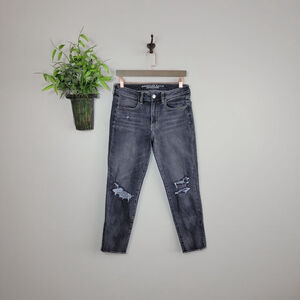 American Eagle Hi Rise Jegging Crop Skinny Jeans Faded Black Distressed AE 6